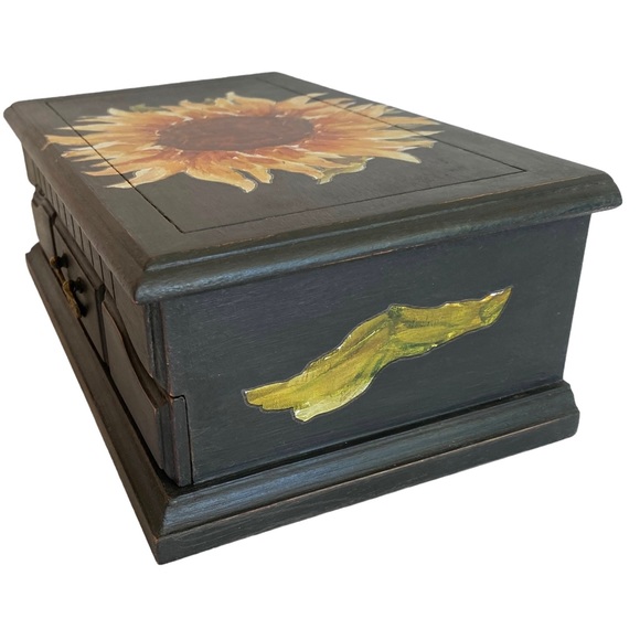 Vntg Wood‎ Jewelry Box Hand Painted Unisex Sunflower Black Commodore by Rosalco - Picture 7 of 9